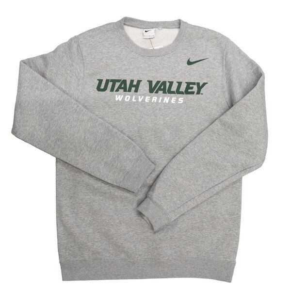 heather grey crew sweatshirt with a green Nike swoosh on the left chest and a "Utah Valley Wolverines" logo across the front